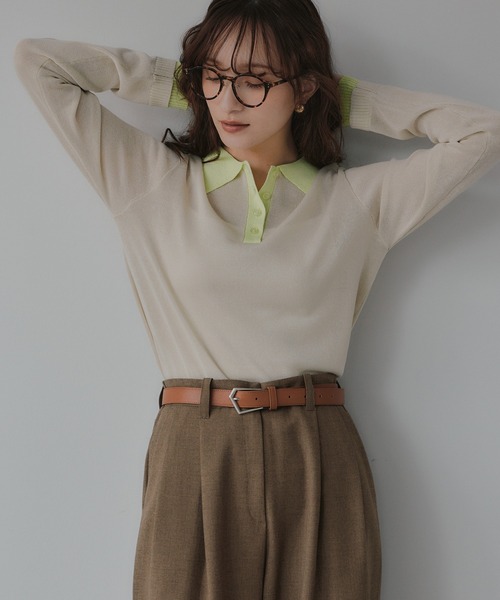 210nouve（トゥージュヌーブ）の「リネンタッチ ポロ襟 配色 ニット プルオーバー（ニット/セーター・レディース・ブラック/アイボリー/グレー/ピンク・FREE）」の10枚目の写真