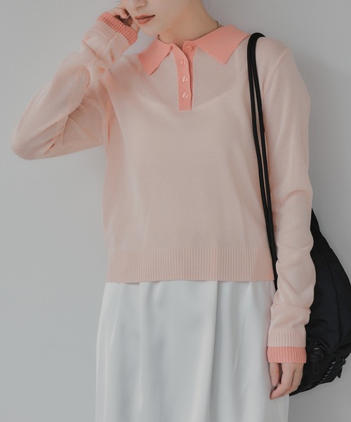 210nouve（トゥージュヌーブ）の「リネンタッチ ポロ襟 配色 ニット プルオーバー（ニット/セーター・レディース・ブラック/アイボリー/グレー/ピンク・FREE）」の7枚目の写真