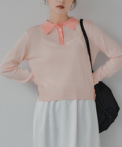 210nouve（トゥージュヌーブ）の「リネンタッチ ポロ襟 配色 ニット プルオーバー（ニット/セーター・レディース・ブラック/アイボリー/グレー/ピンク・FREE）」の5枚目の写真