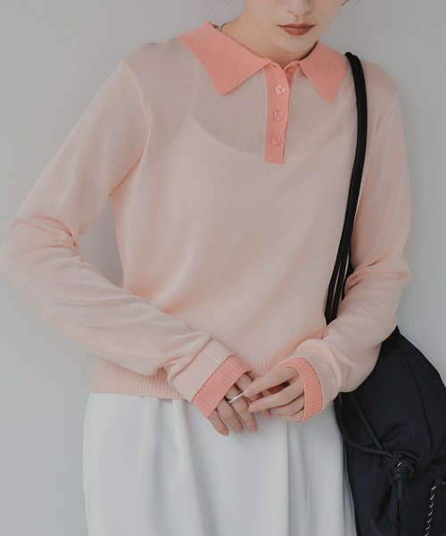 210nouve（トゥージュヌーブ）の「リネンタッチ ポロ襟 配色 ニット プルオーバー（ニット/セーター・レディース・ブラック/アイボリー/グレー/ピンク・FREE）」の9枚目の写真