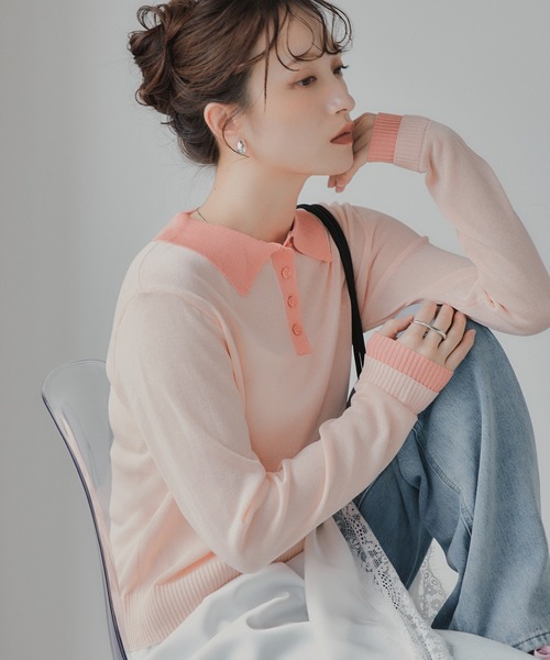 210nouve（トゥージュヌーブ）の「リネンタッチ ポロ襟 配色 ニット プルオーバー（ニット/セーター・レディース・ブラック/アイボリー/グレー/ピンク・FREE）」の8枚目の写真