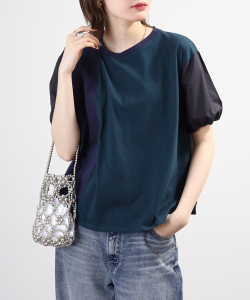 Anna Nicola(アンナニコラ)の「Anna Nicola 異素材切替アシンメトリープルオーバー 日本製 半袖(Tシャツ/カットソー・レディース・ブラック/カーキ/ネイビー・38)」の3枚目の写真