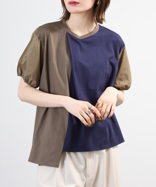 Anna Nicola(アンナニコラ)の「Anna Nicola 異素材切替アシンメトリープルオーバー 日本製 半袖(Tシャツ/カットソー・レディース・ブラック/カーキ/ネイビー・38)」の2枚目の写真