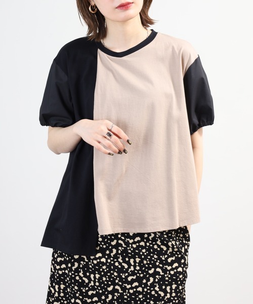 Anna Nicola(アンナニコラ)の「Anna Nicola 異素材切替アシンメトリープルオーバー 日本製 半袖(Tシャツ/カットソー・レディース・ブラック/カーキ/ネイビー・38)」の1枚目の写真