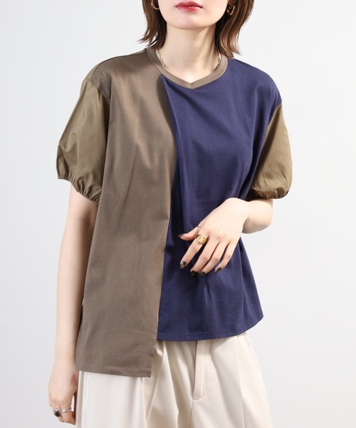 Anna Nicola(アンナニコラ)の「Anna Nicola 異素材切替アシンメトリープルオーバー 日本製 半袖(Tシャツ/カットソー・レディース・ブラック/カーキ/ネイビー・38)」の21枚目の写真