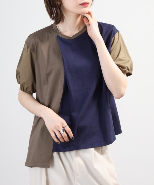 Anna Nicola(アンナニコラ)の「Anna Nicola 異素材切替アシンメトリープルオーバー 日本製 半袖(Tシャツ/カットソー・レディース・ブラック/カーキ/ネイビー・38)」の22枚目の写真