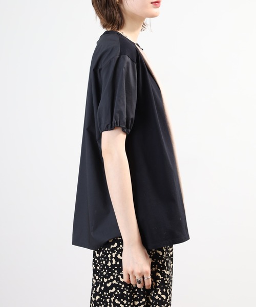Anna Nicola(アンナニコラ)の「Anna Nicola 異素材切替アシンメトリープルオーバー 日本製 半袖(Tシャツ/カットソー・レディース・ブラック/カーキ/ネイビー・38)」の4枚目の写真