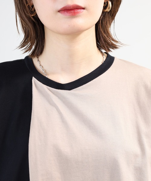 Anna Nicola(アンナニコラ)の「Anna Nicola 異素材切替アシンメトリープルオーバー 日本製 半袖(Tシャツ/カットソー・レディース・ブラック/カーキ/ネイビー・38)」の6枚目の写真