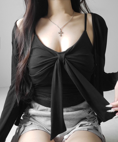 me+em select(ミームセレクト)の「【 2点セット 】リボンカットソーキャミソール + カーディガンセット /ribbon cutsew camisole + cardigan SET(アンサンブル・レディース・ブラック/ホワイト/グレー・FREE)」の8枚目の写真