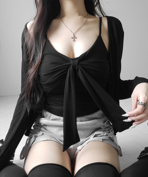 me+em select(ミームセレクト)の「【 2点セット 】リボンカットソーキャミソール + カーディガンセット /ribbon cutsew camisole + cardigan SET(アンサンブル・レディース・ブラック/ホワイト/グレー・FREE)」の10枚目の写真