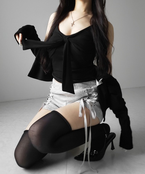 me+em select(ミームセレクト)の「【 2点セット 】リボンカットソーキャミソール + カーディガンセット /ribbon cutsew camisole + cardigan SET(アンサンブル・レディース・ブラック/ホワイト/グレー・FREE)」の16枚目の写真