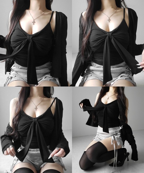 me+em select(ミームセレクト)の「【 2点セット 】リボンカットソーキャミソール + カーディガンセット /ribbon cutsew camisole + cardigan SET(アンサンブル・レディース・ブラック/ホワイト/グレー・FREE)」の7枚目の写真