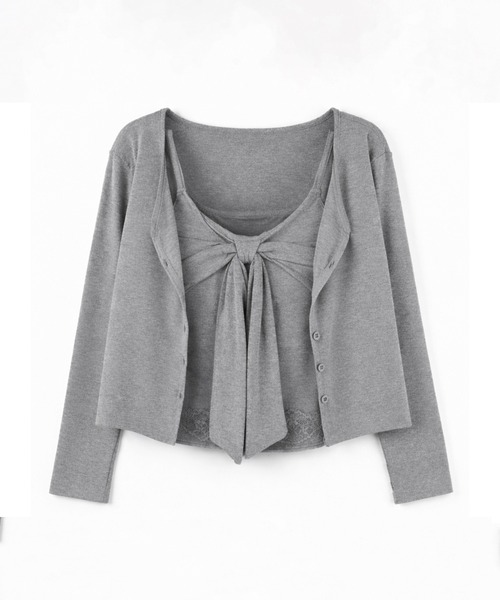 me+em select(ミームセレクト)の「【 2点セット 】リボンカットソーキャミソール + カーディガンセット /ribbon cutsew camisole + cardigan SET(アンサンブル・レディース・ブラック/ホワイト/グレー・FREE)」の4枚目の写真