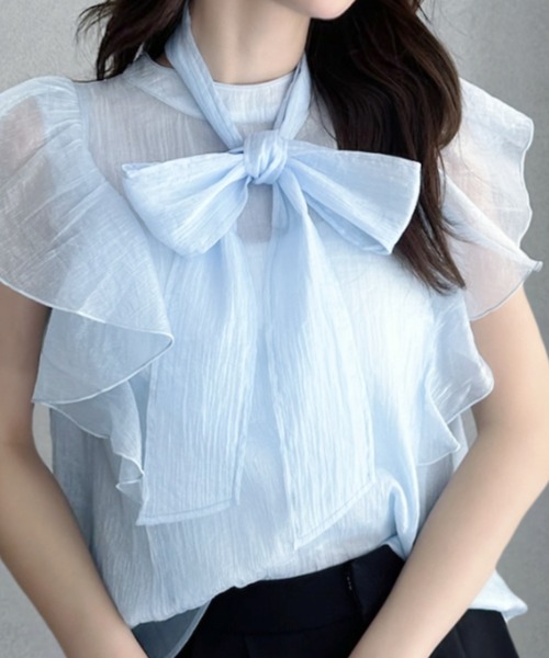 umune(ウムネ)の「ボウタイブラウス シアー フリル リボン ノースリーブ 立ち襟 シースルー フェミニン 大人可愛い トップス 透け感 春夏 韓国(シャツ/ブラウス・レディース・ライトブルー/ブラック/ベビーピンク/オフホワイト・FREE)」の3枚目の写真
