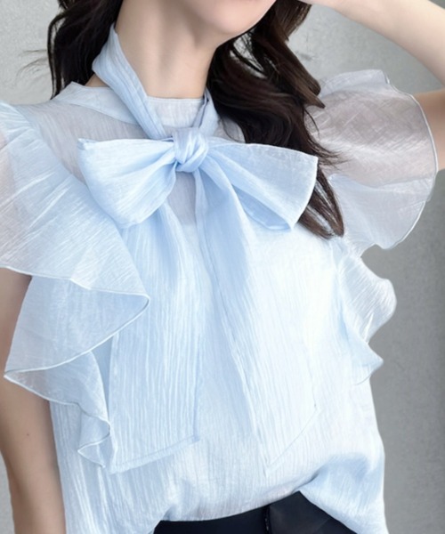umune(ウムネ)の「ボウタイブラウス シアー フリル リボン ノースリーブ 立ち襟 シースルー フェミニン 大人可愛い トップス 透け感 春夏 韓国(シャツ/ブラウス・レディース・ライトブルー/ブラック/ベビーピンク/オフホワイト・FREE)」の9枚目の写真