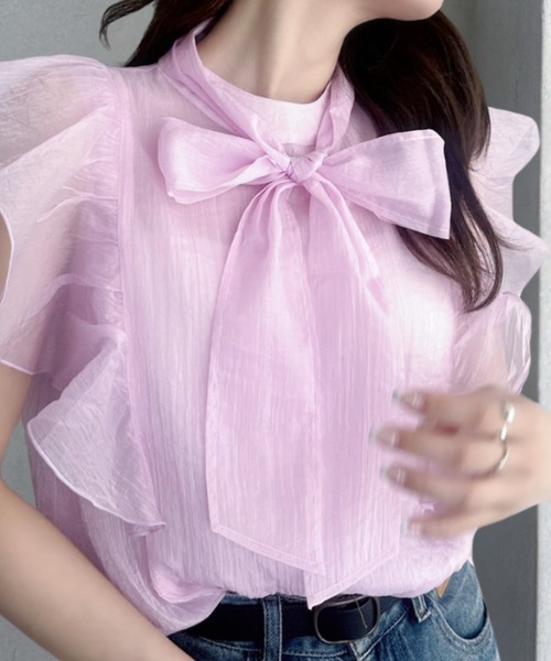 umune(ウムネ)の「ボウタイブラウス シアー フリル リボン ノースリーブ 立ち襟 シースルー フェミニン 大人可愛い トップス 透け感 春夏 韓国(シャツ/ブラウス・レディース・ライトブルー/ブラック/ベビーピンク/オフホワイト・FREE)」の16枚目の写真