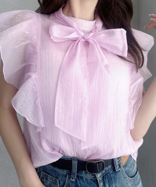 umune(ウムネ)の「ボウタイブラウス シアー フリル リボン ノースリーブ 立ち襟 シースルー フェミニン 大人可愛い トップス 透け感 春夏 韓国(シャツ/ブラウス・レディース・ライトブルー/ブラック/ベビーピンク/オフホワイト・FREE)」の17枚目の写真