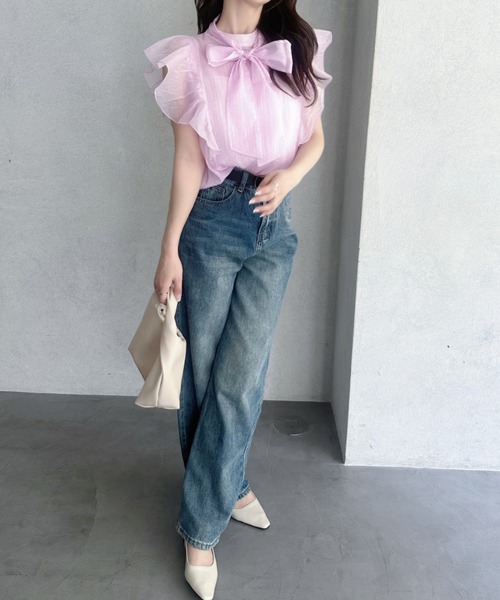 umune(ウムネ)の「ボウタイブラウス シアー フリル リボン ノースリーブ 立ち襟 シースルー フェミニン 大人可愛い トップス 透け感 春夏 韓国(シャツ/ブラウス・レディース・ライトブルー/ブラック/ベビーピンク/オフホワイト・FREE)」の18枚目の写真