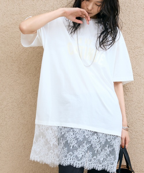 Doux archives(ドゥアルシーヴ)の「裾レースオーバーロゴTee(Tシャツ/カットソー・レディース・ミント/オフホワイト/ブラック・FREE)」の1枚目の写真