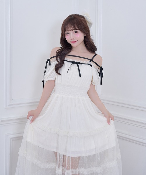Honey Cinnamon(ハニーシナモン)の「ドットチュールオフショルワンピース(ワンピース・レディース・ブラック/アイボリー・FREE)」の10枚目の写真