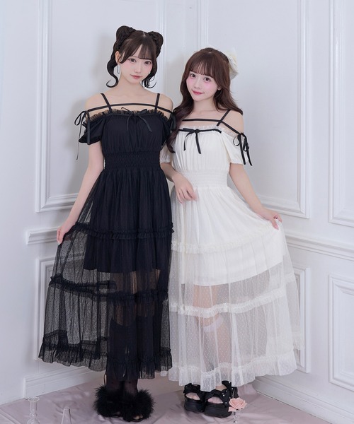 Honey Cinnamon(ハニーシナモン)の「ドットチュールオフショルワンピース(ワンピース・レディース・ブラック/アイボリー・FREE)」の3枚目の写真