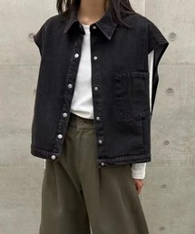 襟付き デニムベスト 前開き ルーズシルエット ショート