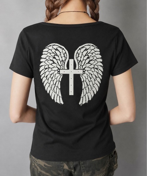 SPINNS(スピンズ)の「半袖Tシャツ/ラブエンジェル/バックプリント/平成ギャル(Tシャツ/カットソー・レディース・ピンク/ブラック・ONESIZE)」の3枚目の写真