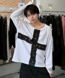 【Never mind the XU】cross print long sleeve / 【ネバーマインド ザ エックスユー】オーバーサイズクロスプリントワンショルダー長袖Tシャツ
