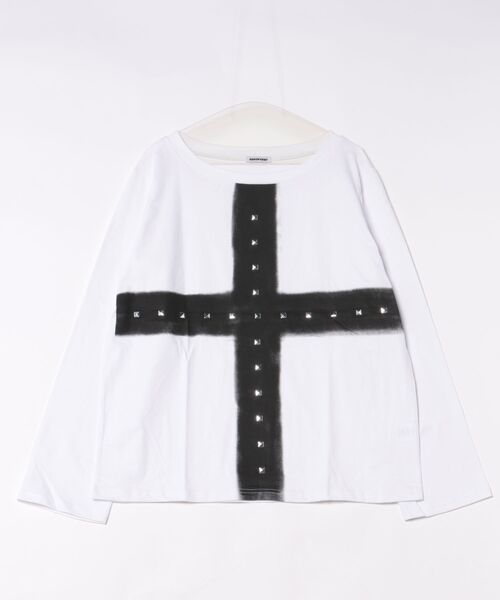 Never mind the XU（ネバーマインドザエックスユー）の「【Never mind the XU】cross print long sleeve / 【ネバーマインド ザ エックスユー】オーバーサイズクロスプリントワンショルダー長袖Tシャツ（Tシャツ/カットソー・メンズ・ホワイト/チャコール・ONE SIZE）」の6枚目の写真