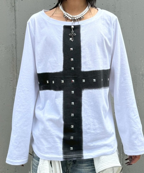 Never mind the XU（ネバーマインドザエックスユー）の「【Never mind the XU】cross print long sleeve / 【ネバーマインド ザ エックスユー】オーバーサイズクロスプリントワンショルダー長袖Tシャツ（Tシャツ/カットソー・メンズ・ホワイト/チャコール・ONE SIZE）」の22枚目の写真