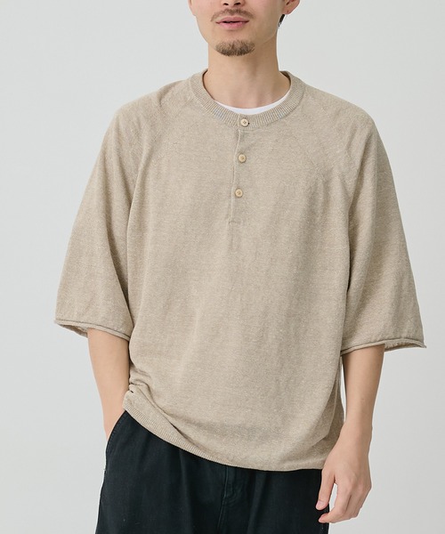 CITY TOKYO(シティトウキョウ)の「【CITY TOKYO/シティートーキョー】Soft linen ヘンリーネック(ニット/セーター・メンズ・ミント/ブラック/ライトベージュ・2/1)」の3枚目の写真