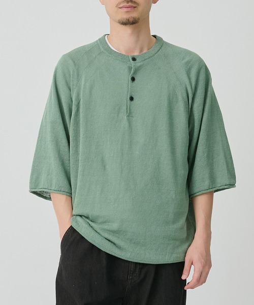CITY TOKYO(シティトウキョウ)の「【CITY TOKYO/シティートーキョー】Soft linen ヘンリーネック(ニット/セーター・メンズ・ミント/ブラック/ライトベージュ・2/1)」の1枚目の写真