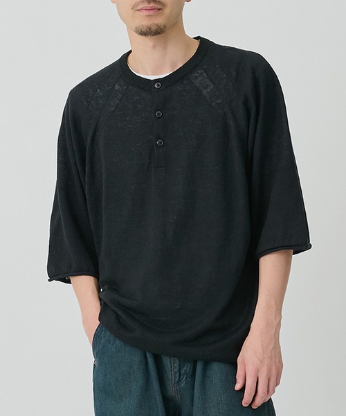 CITY TOKYO(シティトウキョウ)の「【CITY TOKYO/シティートーキョー】Soft linen ヘンリーネック(ニット/セーター・メンズ・ミント/ブラック/ライトベージュ・2/1)」の2枚目の写真