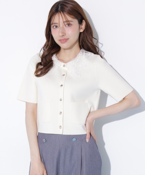 JILL by JILL STUART（ジルバイジルスチュアート）の「【再入荷】レース襟半袖ニットジャケット（ニット/セーター・レディース・ホワイト/ブラウン/ネイビー・FREE）」の2枚目の写真