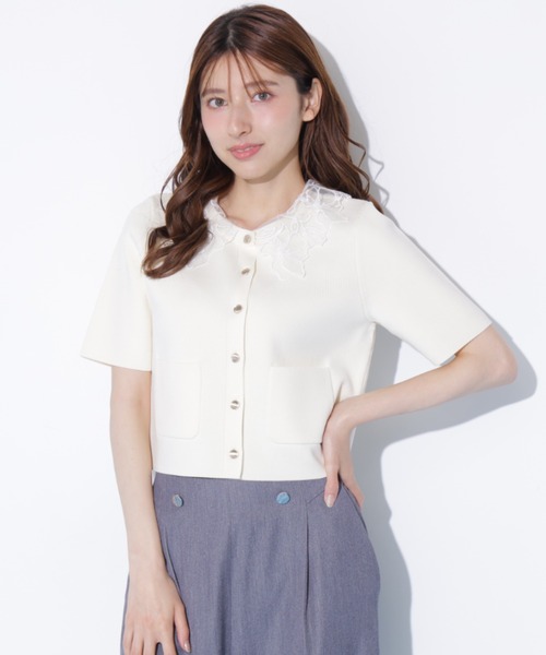 JILL by JILL STUART（ジルバイジルスチュアート）の「【再入荷】レース襟半袖ニットジャケット（ニット/セーター・レディース・ホワイト/ブラウン/ネイビー・FREE）」の13枚目の写真