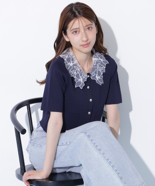 JILL by JILL STUART（ジルバイジルスチュアート）の「【再入荷】レース襟半袖ニットジャケット（ニット/セーター・レディース・ホワイト/ブラウン/ネイビー・FREE）」の4枚目の写真