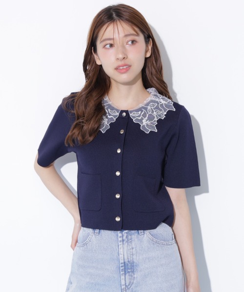 JILL by JILL STUART（ジルバイジルスチュアート）の「【再入荷】レース襟半袖ニットジャケット（ニット/セーター・レディース・ホワイト/ブラウン/ネイビー・FREE）」の6枚目の写真