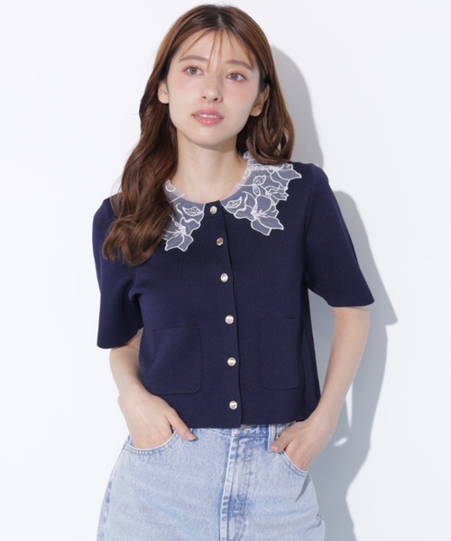 JILL by JILL STUART（ジルバイジルスチュアート）の「【再入荷】レース襟半袖ニットジャケット（ニット/セーター・レディース・ホワイト/ブラウン/ネイビー・FREE）」の5枚目の写真