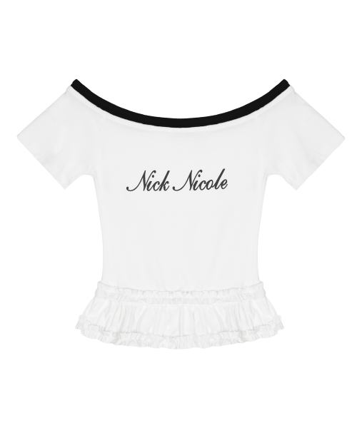 NICK&NICOLE（ニックアンドニコール）の「OFF-SHOULDER FRILL CROP TOP_WHITE（Tシャツ/カットソー・レディース・その他・FREE）」の4枚目の写真