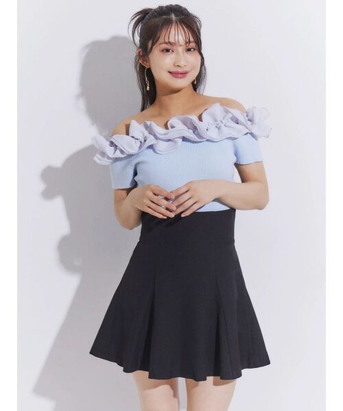 MERCURYDUO(マーキュリーデュオ)の「2WAY異素材ランダムラッフルショートスリーブニット(ニット/セーター・レディース・ベビーピンク/ライトブルー/その他1/ブラウン・FREE)」の5枚目の写真