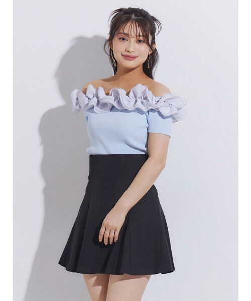 MERCURYDUO(マーキュリーデュオ)の「2WAY異素材ランダムラッフルショートスリーブニット(ニット/セーター・レディース・ベビーピンク/ライトブルー/その他1/ブラウン・FREE)」の7枚目の写真