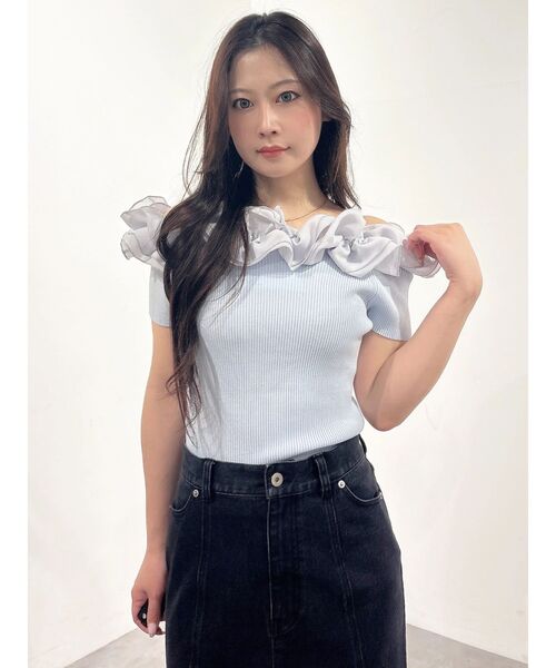 MERCURYDUO(マーキュリーデュオ)の「2WAY異素材ランダムラッフルショートスリーブニット(ニット/セーター・レディース・ベビーピンク/ライトブルー/その他1/ブラウン・FREE)」の18枚目の写真