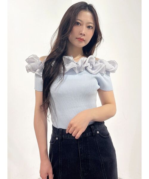 MERCURYDUO(マーキュリーデュオ)の「2WAY異素材ランダムラッフルショートスリーブニット(ニット/セーター・レディース・ベビーピンク/ライトブルー/その他1/ブラウン・FREE)」の19枚目の写真