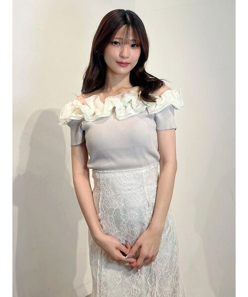 MERCURYDUO(マーキュリーデュオ)の「2WAY異素材ランダムラッフルショートスリーブニット(ニット/セーター・レディース・ベビーピンク/ライトブルー/その他1/ブラウン・FREE)」の6枚目の写真