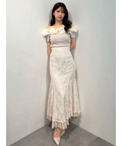 MERCURYDUO(マーキュリーデュオ)の「2WAY異素材ランダムラッフルショートスリーブニット(ニット/セーター・レディース・ベビーピンク/ライトブルー/その他1/ブラウン・FREE)」の7枚目の写真