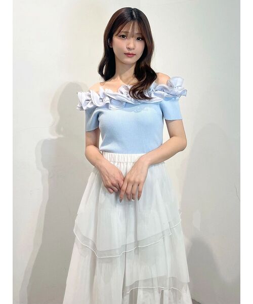 MERCURYDUO(マーキュリーデュオ)の「2WAY異素材ランダムラッフルショートスリーブニット(ニット/セーター・レディース・ベビーピンク/ライトブルー/その他1/ブラウン・FREE)」の11枚目の写真