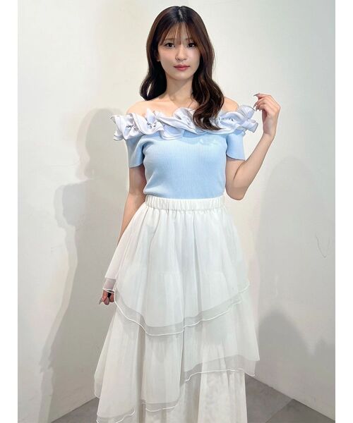 MERCURYDUO(マーキュリーデュオ)の「2WAY異素材ランダムラッフルショートスリーブニット(ニット/セーター・レディース・ベビーピンク/ライトブルー/その他1/ブラウン・FREE)」の13枚目の写真