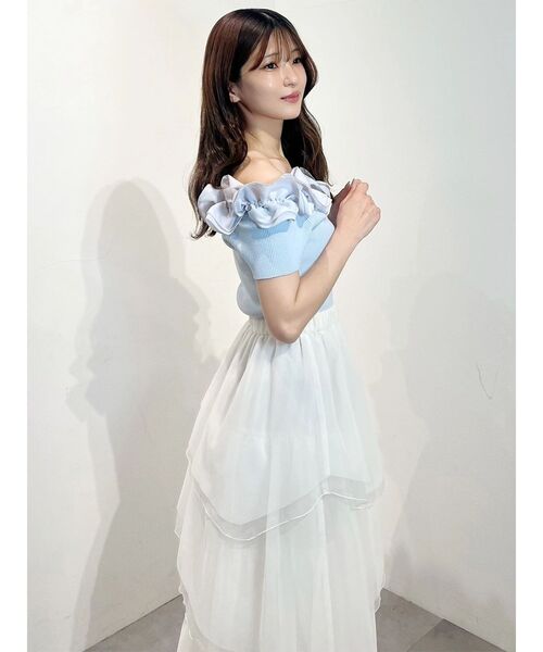 MERCURYDUO(マーキュリーデュオ)の「2WAY異素材ランダムラッフルショートスリーブニット(ニット/セーター・レディース・ベビーピンク/ライトブルー/その他1/ブラウン・FREE)」の14枚目の写真