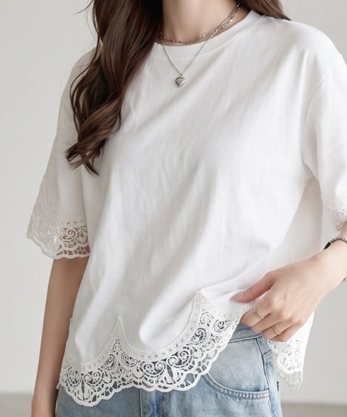 umune(ウムネ)の「カットソー 半袖 ケミカルレース 裾レース 袖レース クルーネック プルオーバー スカラップ フェミニン エレガント 夏(Tシャツ/カットソー・レディース・ライトベージュ/オフホワイト/ブラック・FREE)」の9枚目の写真