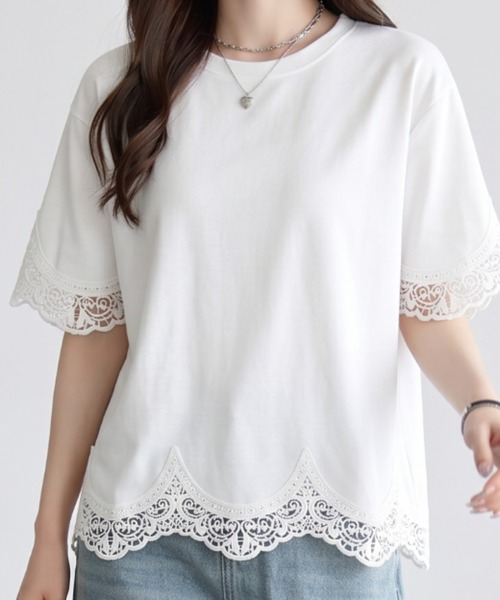 umune(ウムネ)の「カットソー 半袖 ケミカルレース 裾レース 袖レース クルーネック プルオーバー スカラップ フェミニン エレガント 夏(Tシャツ/カットソー・レディース・ライトベージュ/オフホワイト/ブラック・FREE)」の10枚目の写真